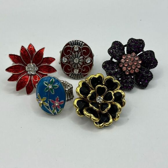 Set of 5 flower adjustable rings - Picture 1 of 5